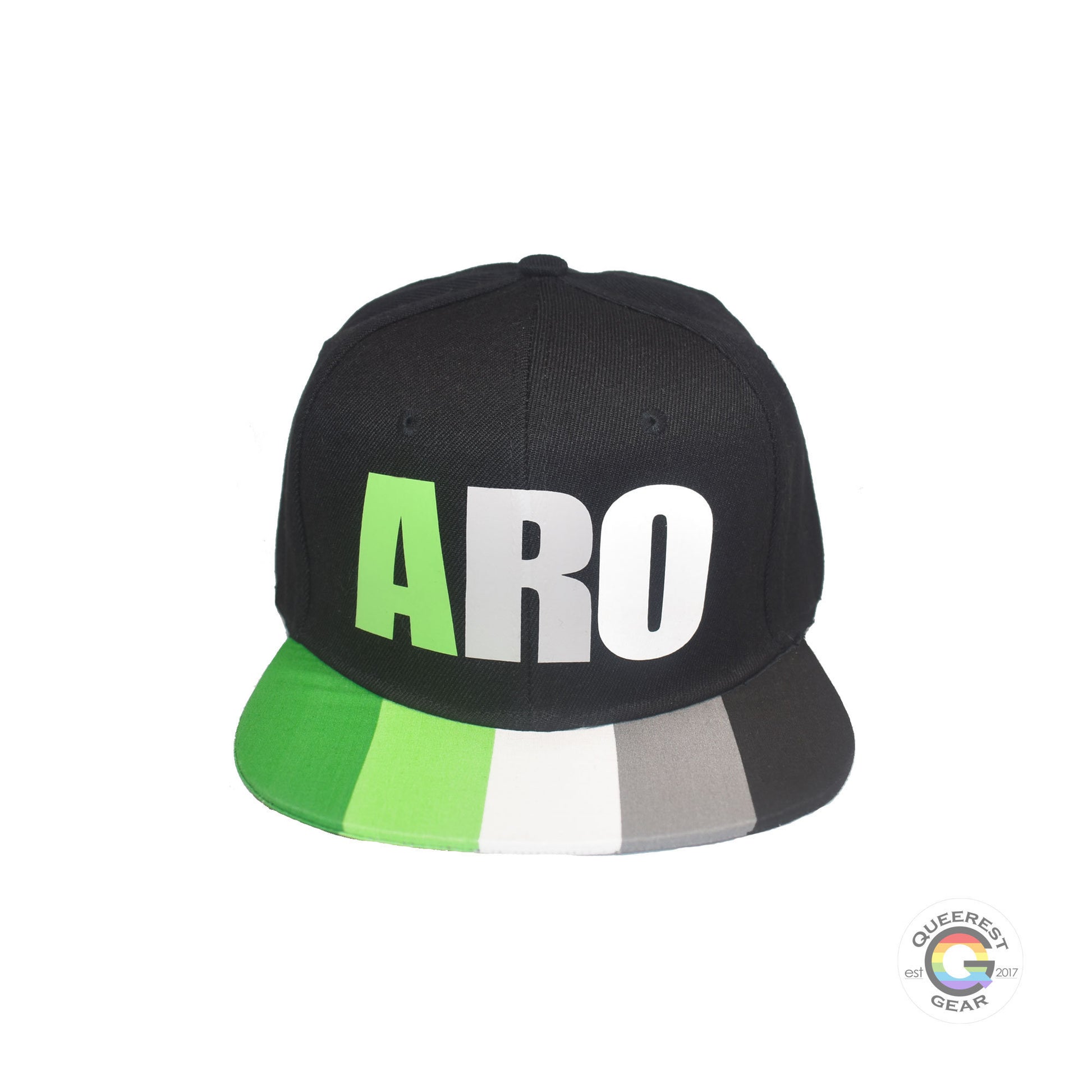Black flat bill snapback hat. The brim has the aromantic pride flag on both sides and the front of the hat has the word “ARO” in green, grey, and white. Front view