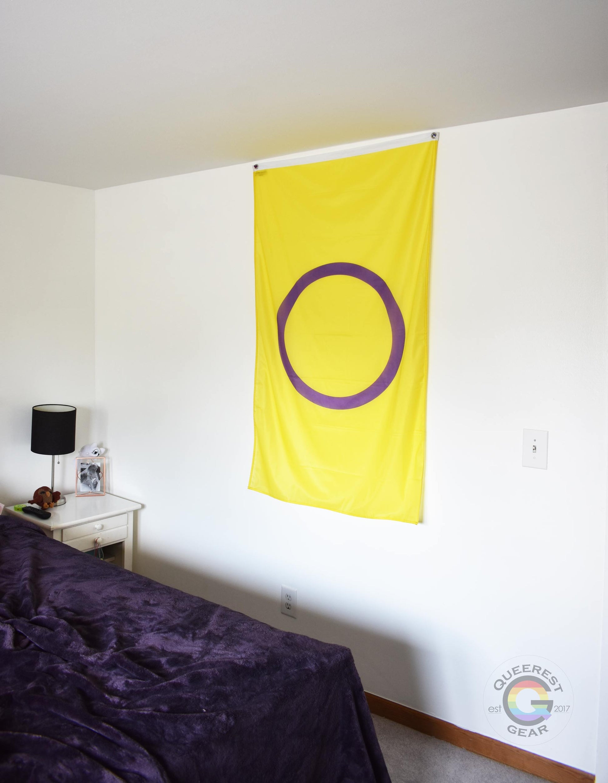 3’x5’ intersex flag hanging vertically on the wall of a bedroom with a nightstand and a bed
