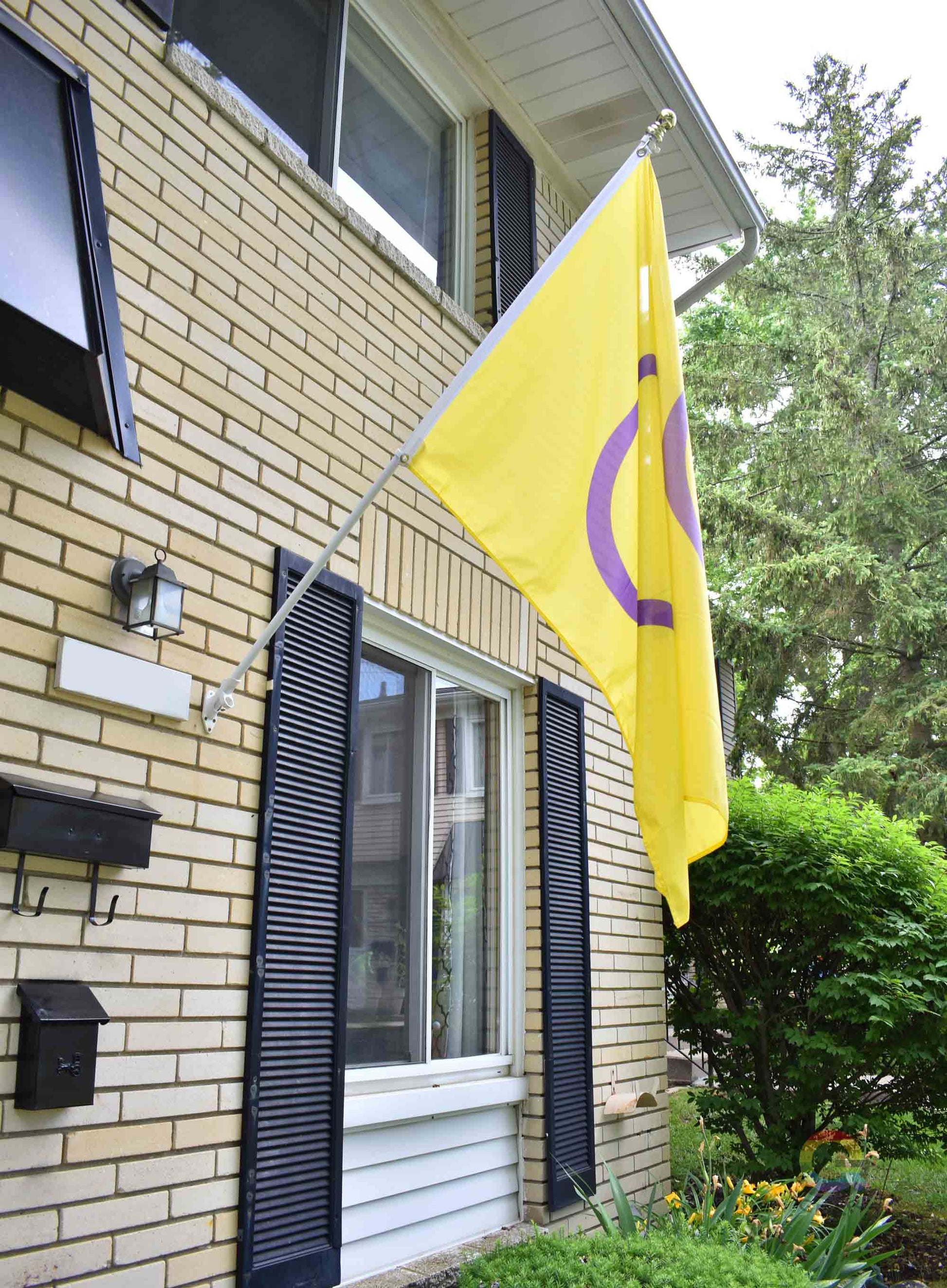 3’x5’ intersex pride flag hanging from a flagpole on the outside of a light brick house with dark shutters