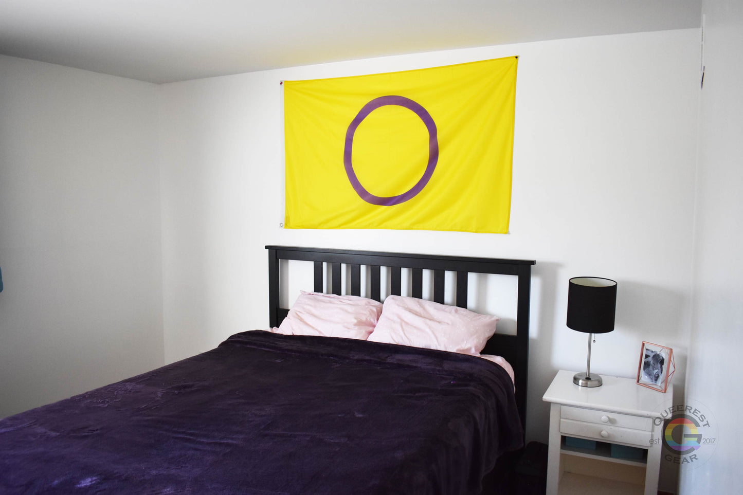 3’x5’ intersex pride flag hanging horizontally on the wall of a bedroom centered above a bed with a purple blanket