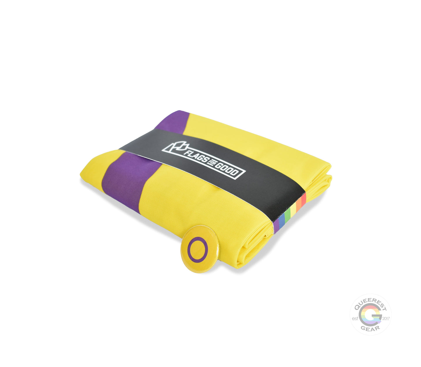 The intersex pride flag folded in its packaging with the matching free intersex flag button