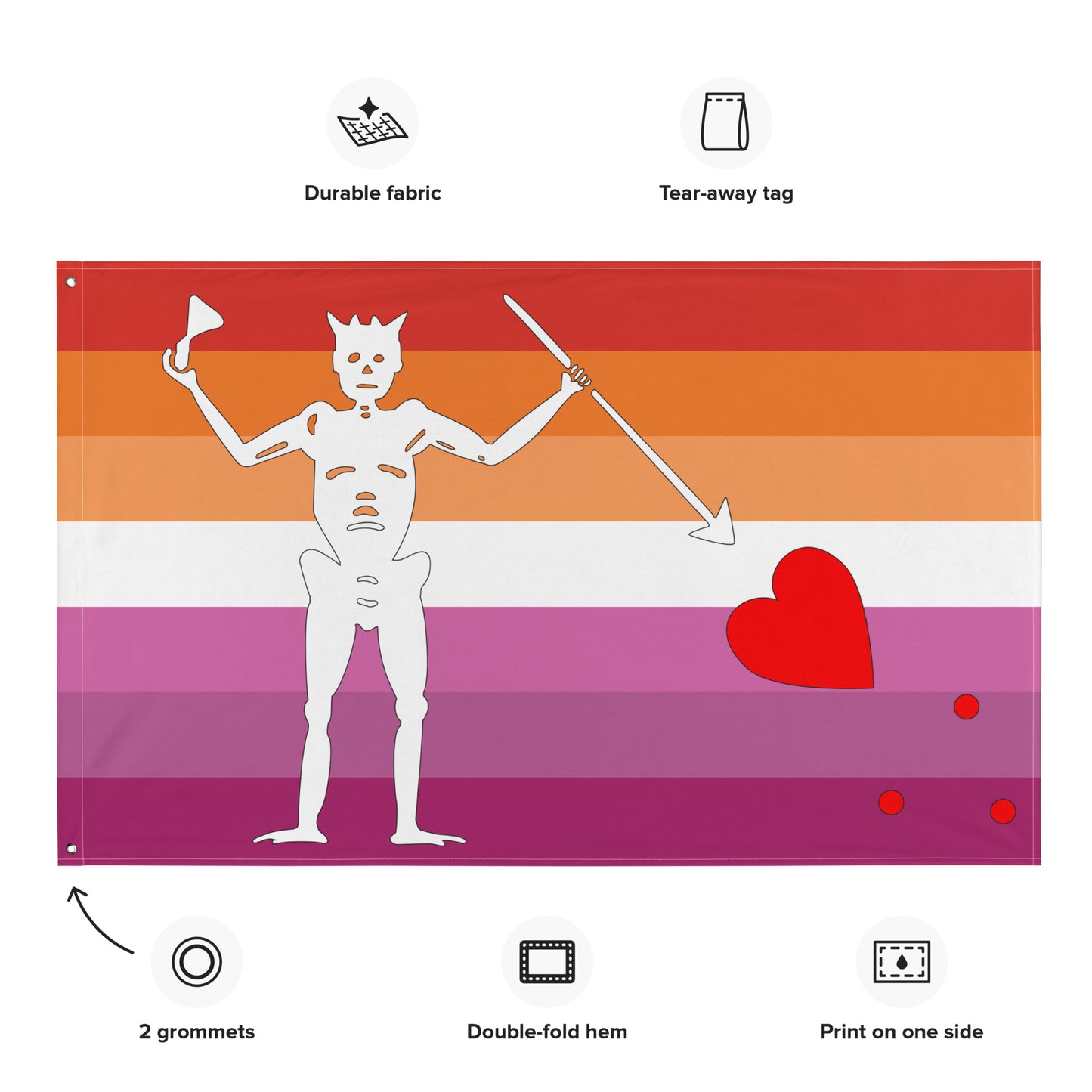 the lesbian flag with blackbeard's symbol surrounded by the specifications of "durable fabric, tear-away tag, 2 grommets, double-fold hem, print on one side"
