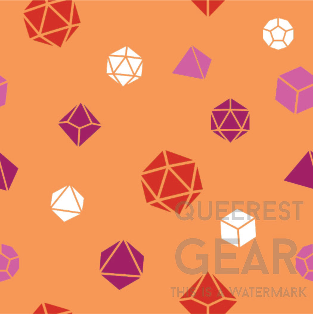 close up of the lesbian dice pattern. There's an orange background with pattern of orange, pink, and white polyhedral dnd dice