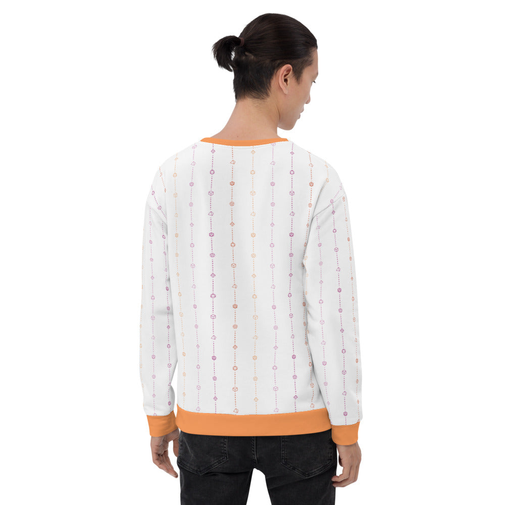 light-skinned dark haired model on a white background facing backwards wearing the lesbian pride dice sweater