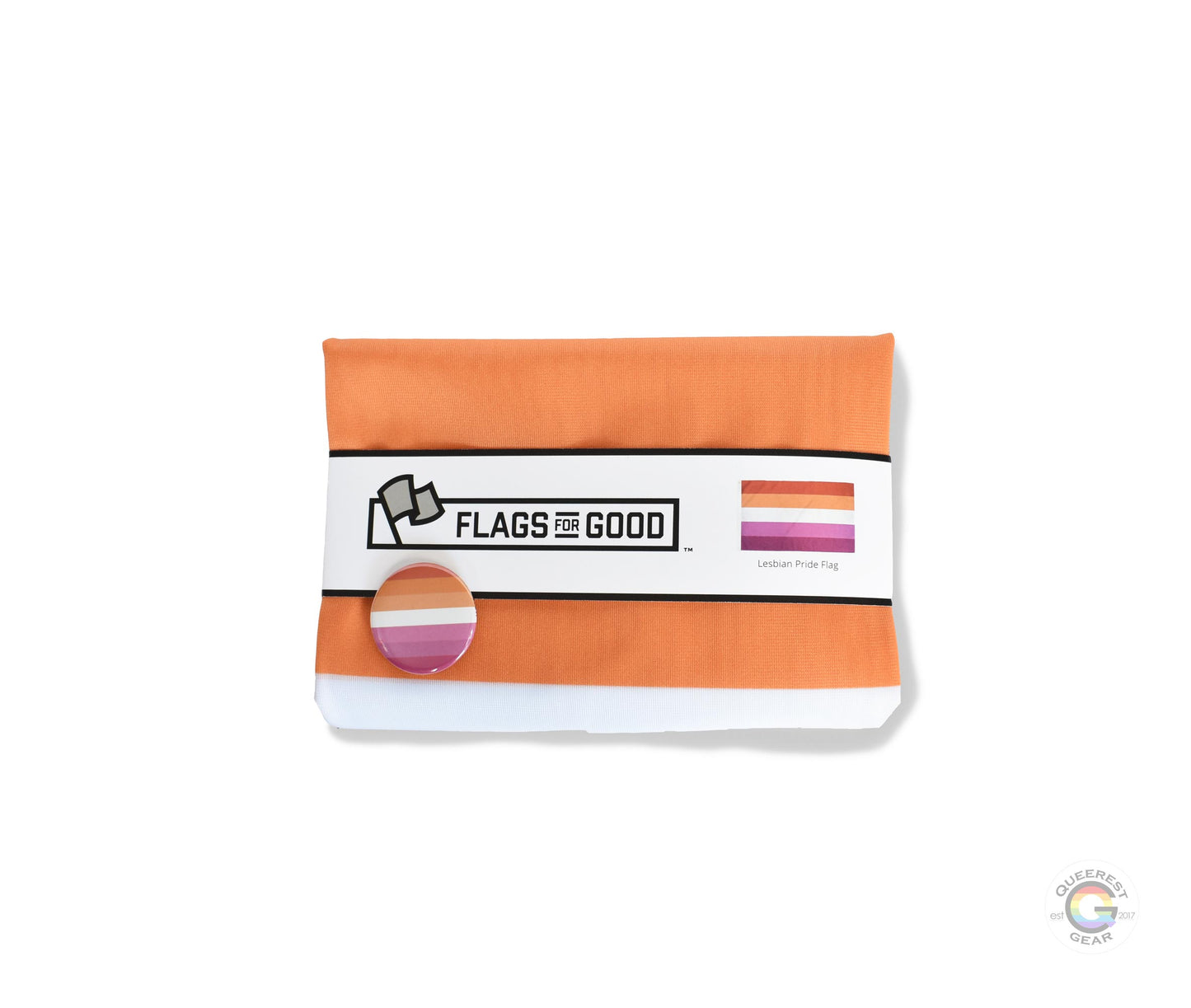  The lesbian pride flag folded in its packaging with the matching free lesbian flag button