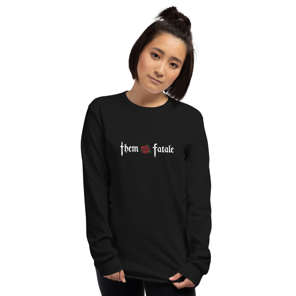 them fatale design on black long sleeved shirt worn by androgenous model