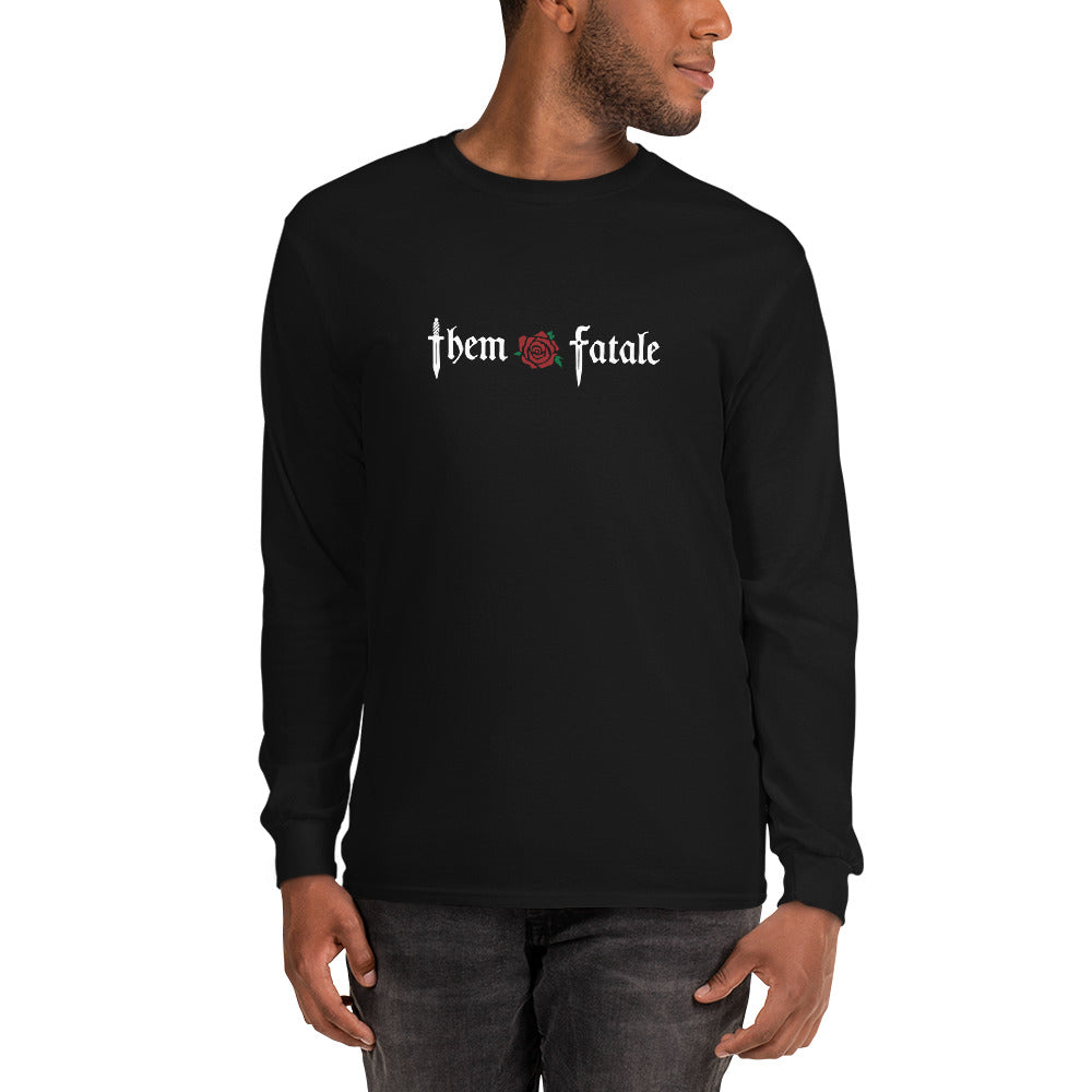 them fatale design on black long sleeved shirt worn by dark skinned model