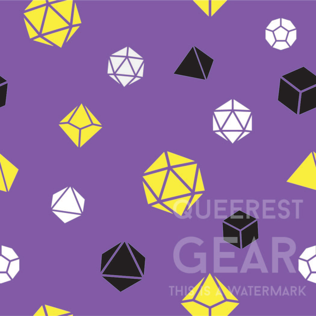 close-up of the nonbinary dice pattern. purple background with pattern of yellow, black, and white polyhedral dnd dice