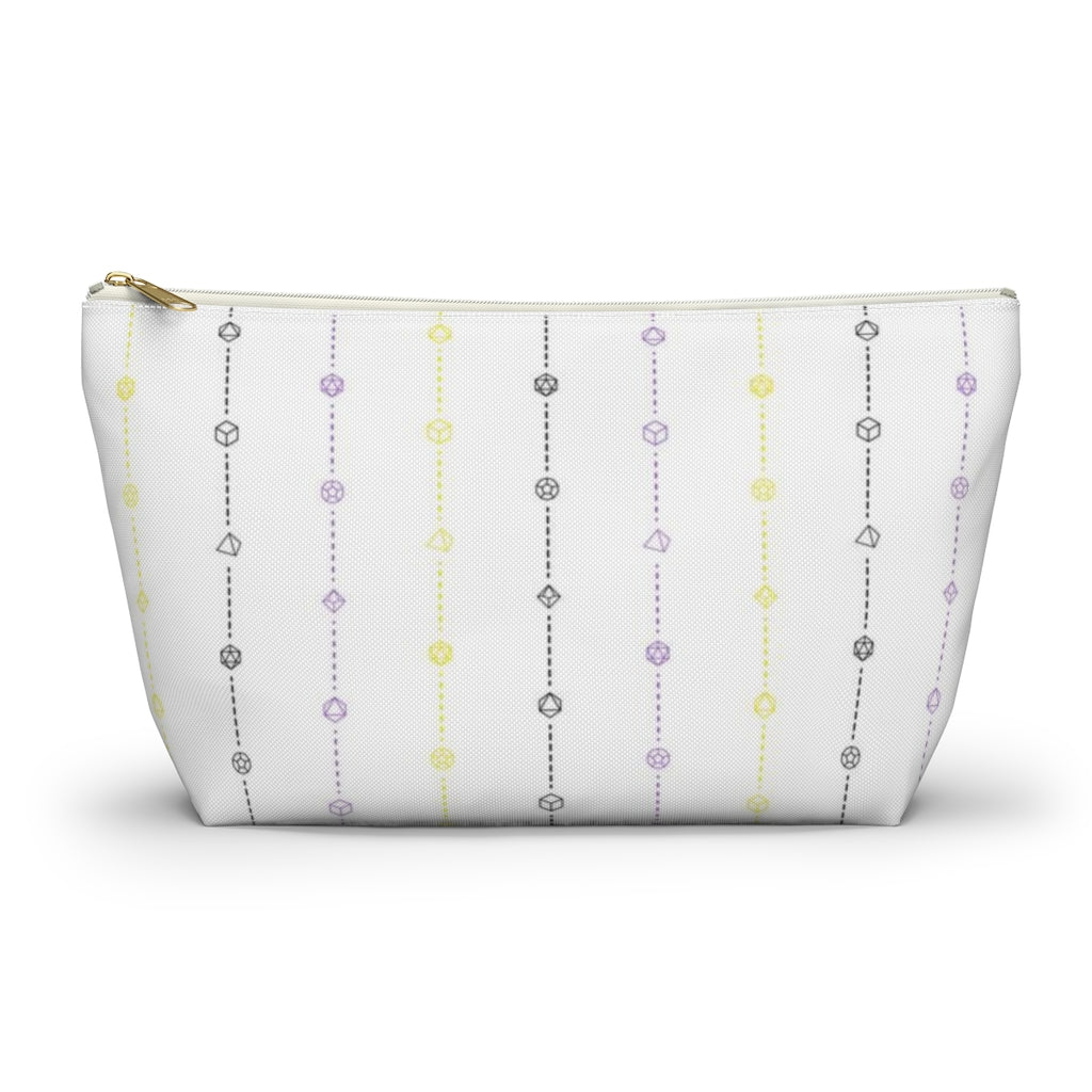 the large nonbinary dice t-bottom pouch in front view on a white background. it's white with black, yellow, and purple stripes of dashed lines and polyhedral dice and a gold zipper pull
