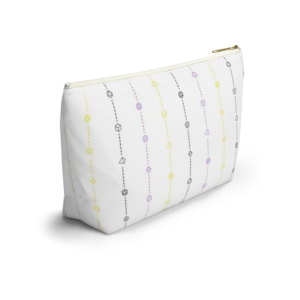 the large nonbinary dice t-bottom pouch in side view on a white background. it's white with black, yellow, and purple stripes of dashed lines and polyhedral dice and a gold zipper pull