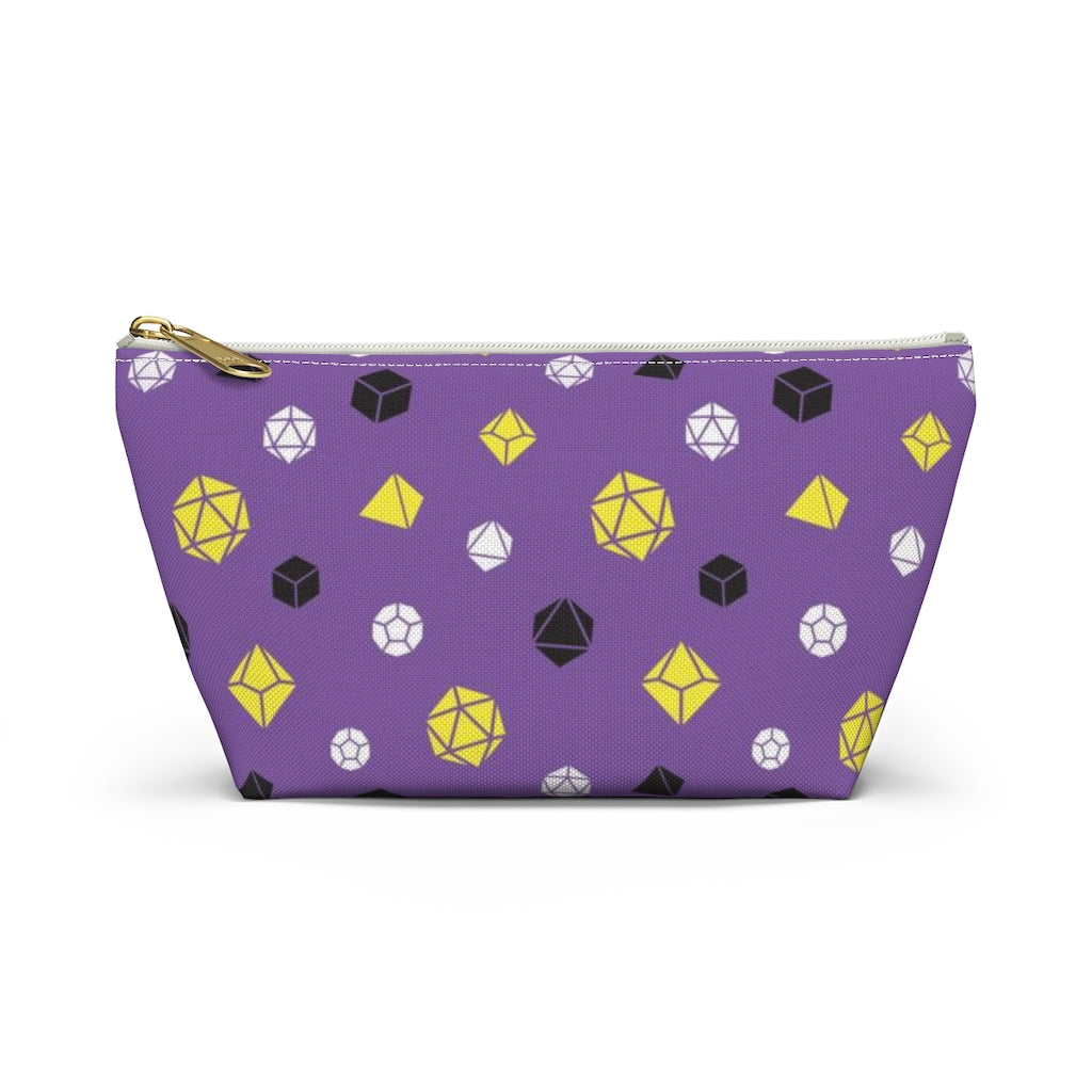the small nonbinary dice t-bottom pouch in front view on a white background. it's purple with black, yellow, and white polyhedral dice and a gold zipper pull