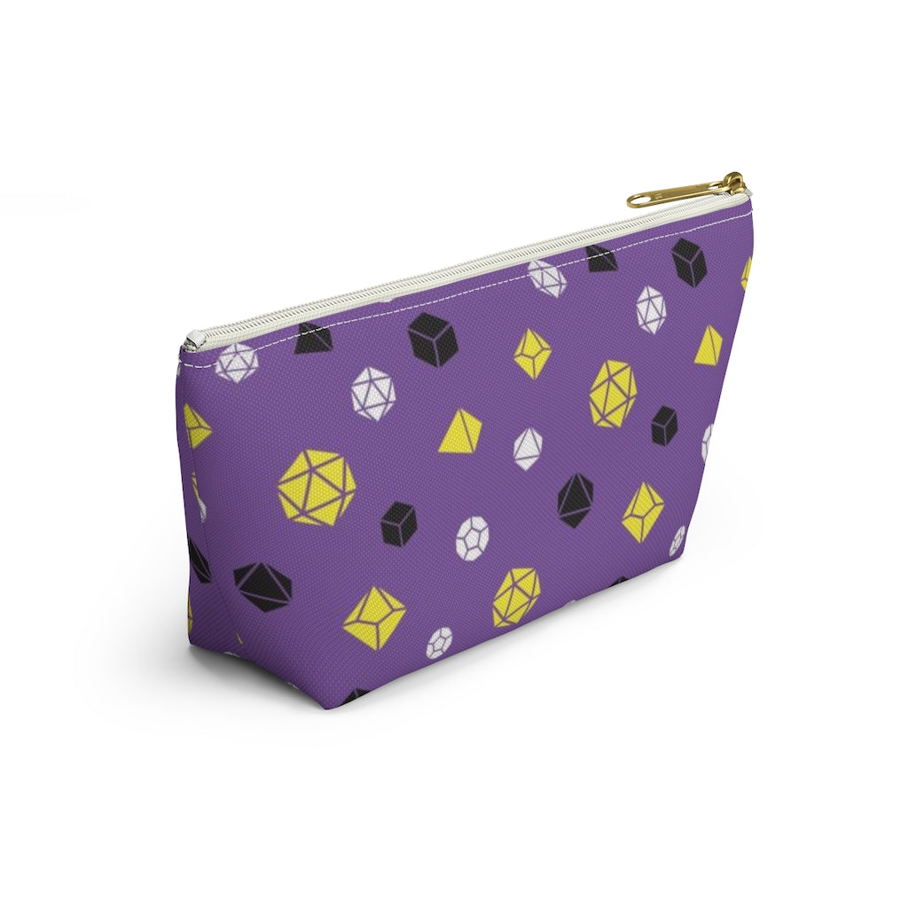 the small nonbinary dice t-bottom pouch in side view on a white background. it's purple with black, yellow, and white polyhedral dice and a gold zipper pull