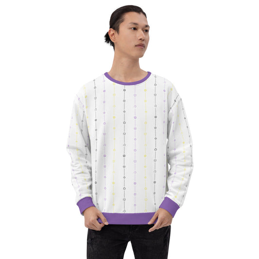light-skinned dark haired model on a white background facing right wearing the nonbinary pride dice sweater