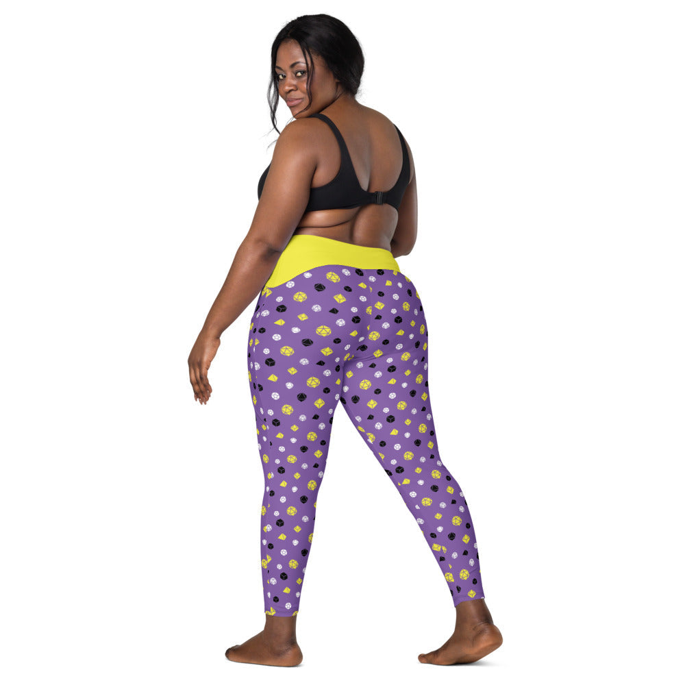 back view of dark-skinned female-presenting plus size model looking over her shoulder. She is wearing the nonbinary dice leggings and a black sports bra