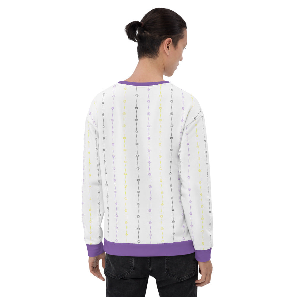 light-skinned dark haired model on a white background facing backwards wearing the nonbinary pride dice sweater