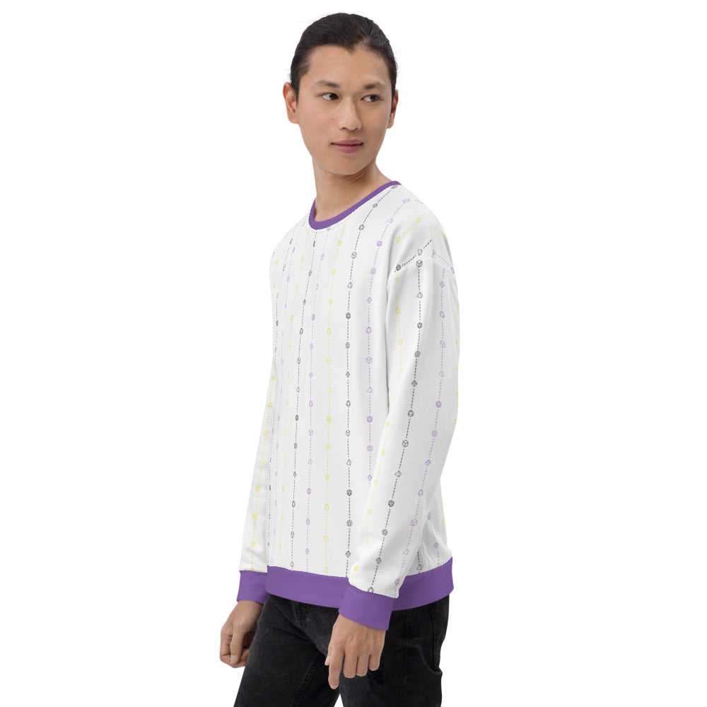 light-skinned dark haired model on a white background facing left wearing the nonbinary pride dice sweater