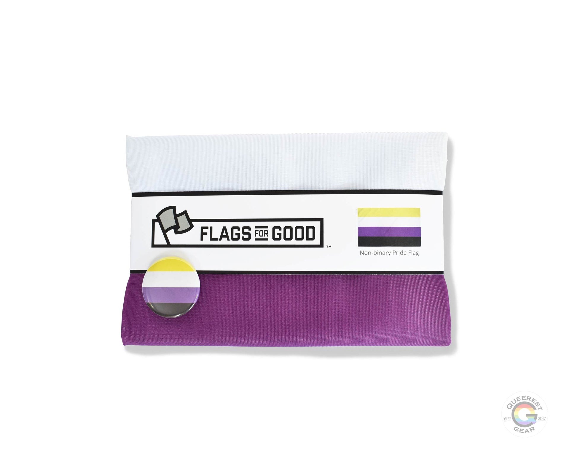 The nonbinary pride flag folded in its packaging with the matching free nonbinary flag button