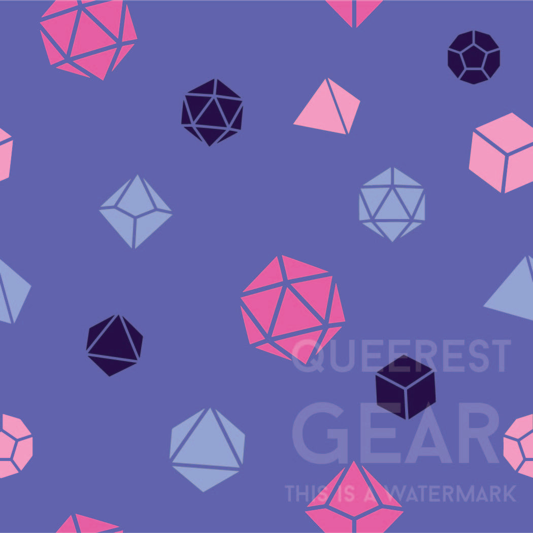 close-up of the omnisexual dice pattern. blue background with pattern of pink, blue, and purple polyhedral dnd dice