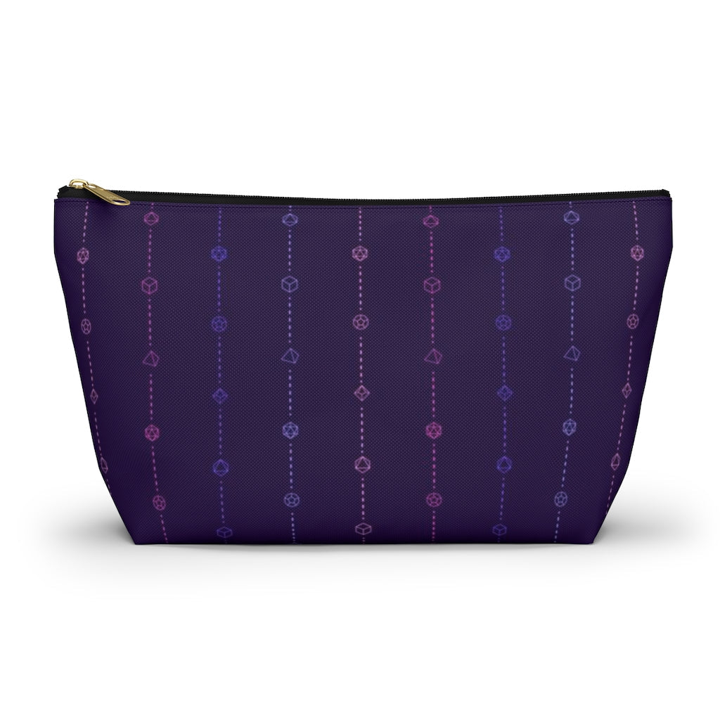 the large omnisexual dice t-bottom pouch in front view on a white background. it's dark purple with pink and blue stripes of dashed lines and polyhedral dice and a gold zipper pull