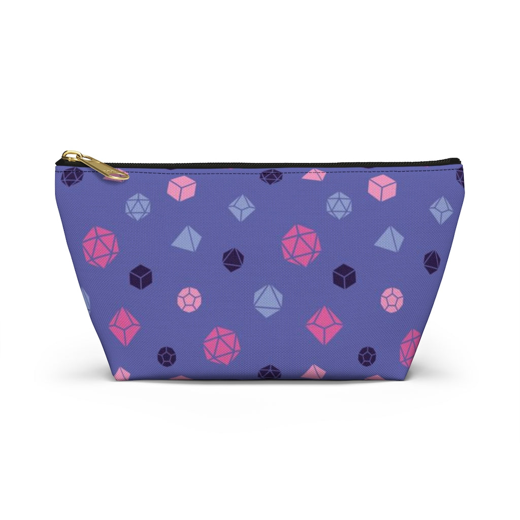 the small omnisexual dice t-bottom pouch in front view on a white background. it's blue with pink, blue, and dark purple polyhedral dice and a gold zipper pull
