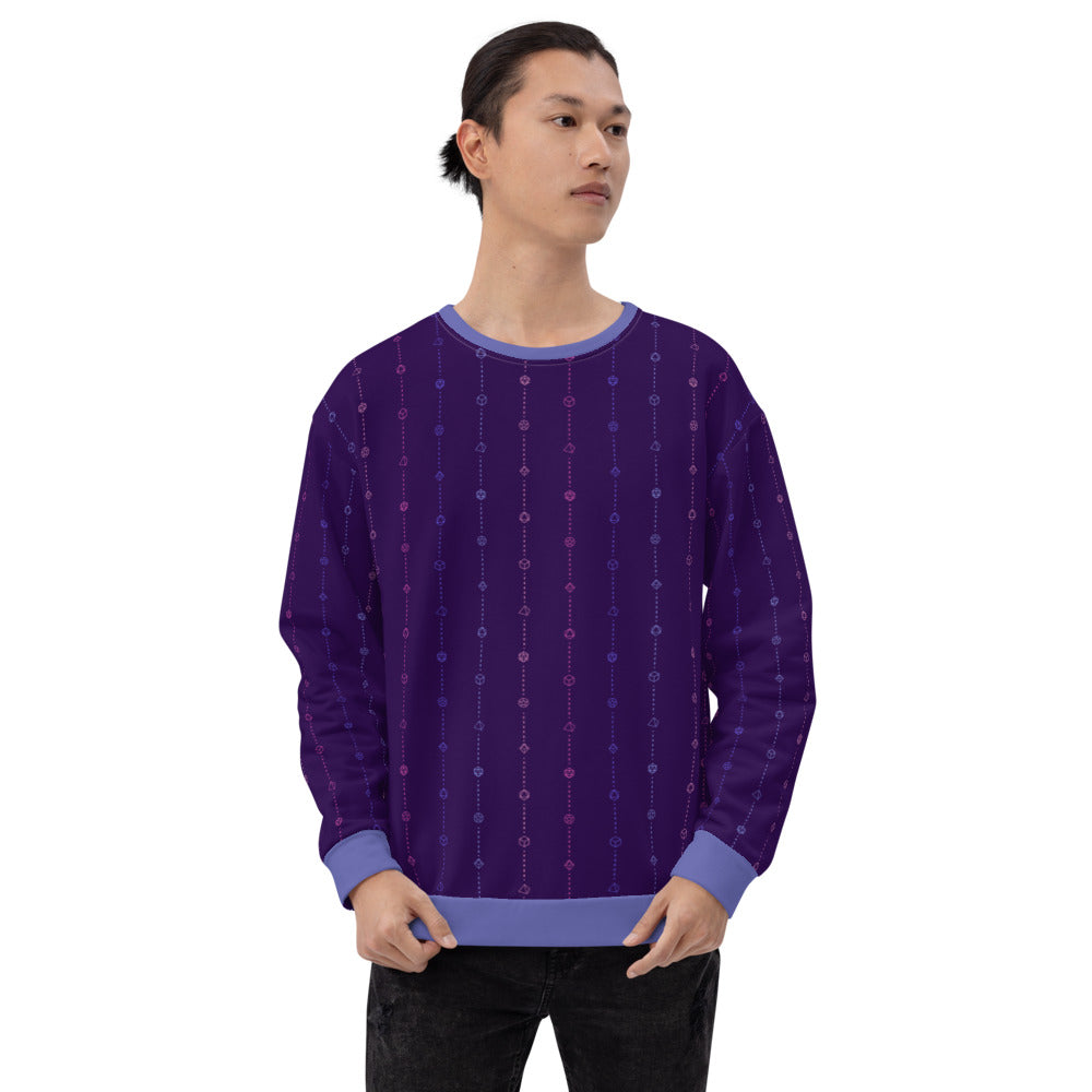 light-skinned dark haired model on a white background facing right wearing the omnisexual pride dice sweater