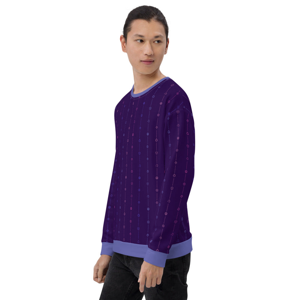 light-skinned dark haired model on a white background facing left wearing the omnisexual pride dice sweater