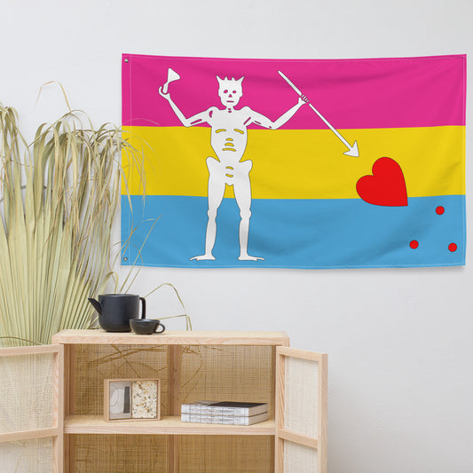 the pansexual blackbeard pirate flag hanging on a white wall next to a palm frond and above a small cabinet