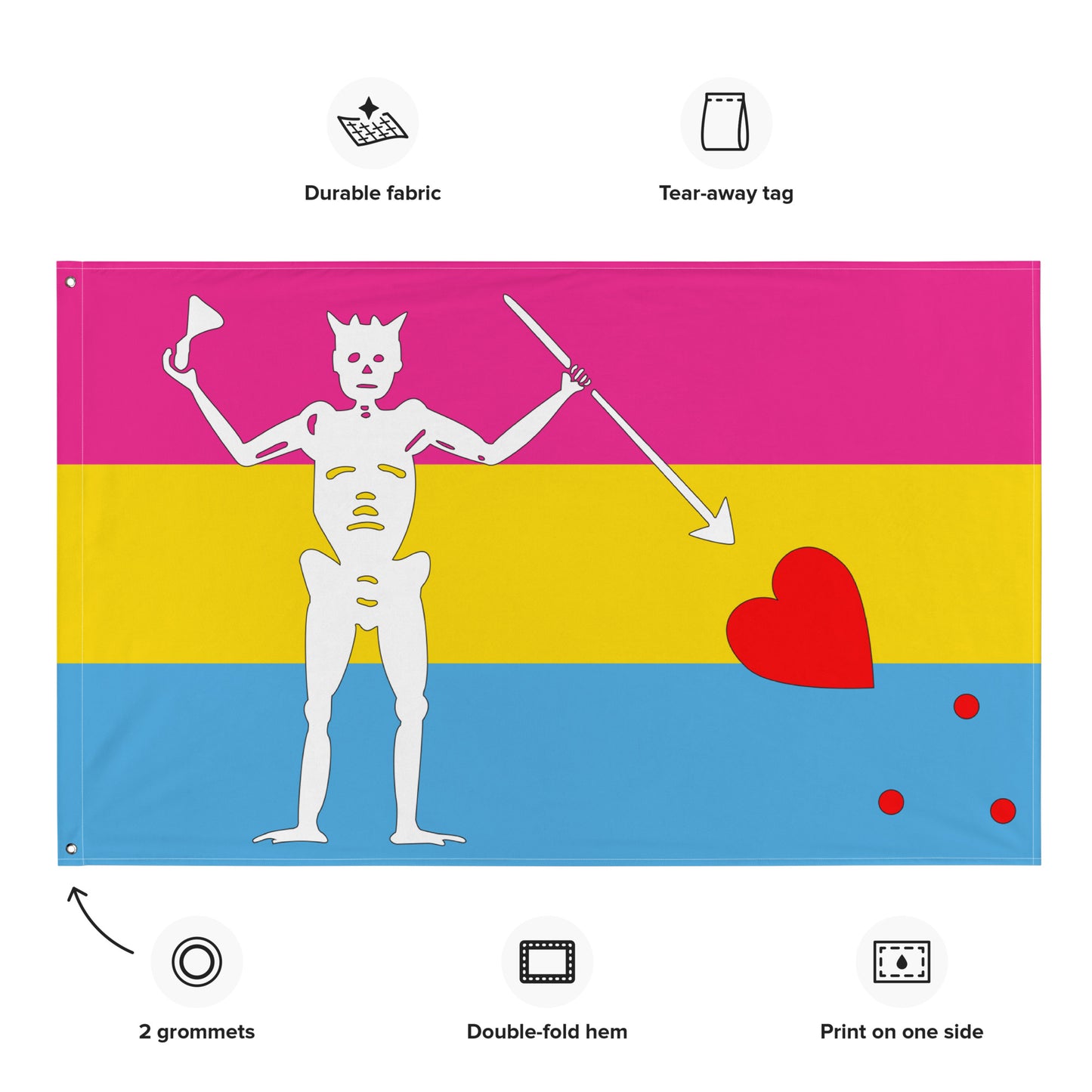 the pansexual flag with blackbeard's symbol surrounded by the specifications of "durable fabric, tear-away tag, 2 grommets, double-fold hem, print on one side"