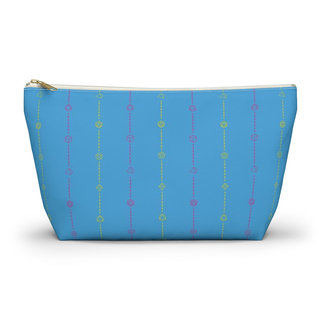 the large pansexual dice t-bottom pouch in front view on a white background. it's blue with pink and yellow stripes of dashed lines and polyhedral dice and a gold zipper pull
