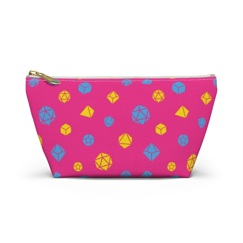 the small pansexual dice t-bottom pouch in front view on a white background. it's pink with blue and yellow polyhedral dice and a gold zipper pull