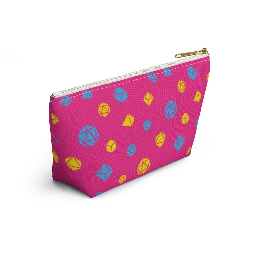 the small pansexual dice t-bottom pouch in side view on a white background. it's pink with blue and yellow polyhedral dice and a gold zipper pull