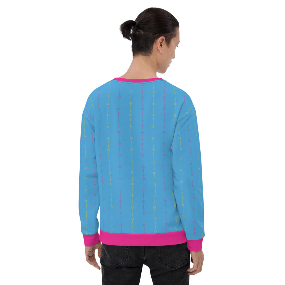 light-skinned dark haired model on a white background facing backwards wearing the pansexual pride dice sweater