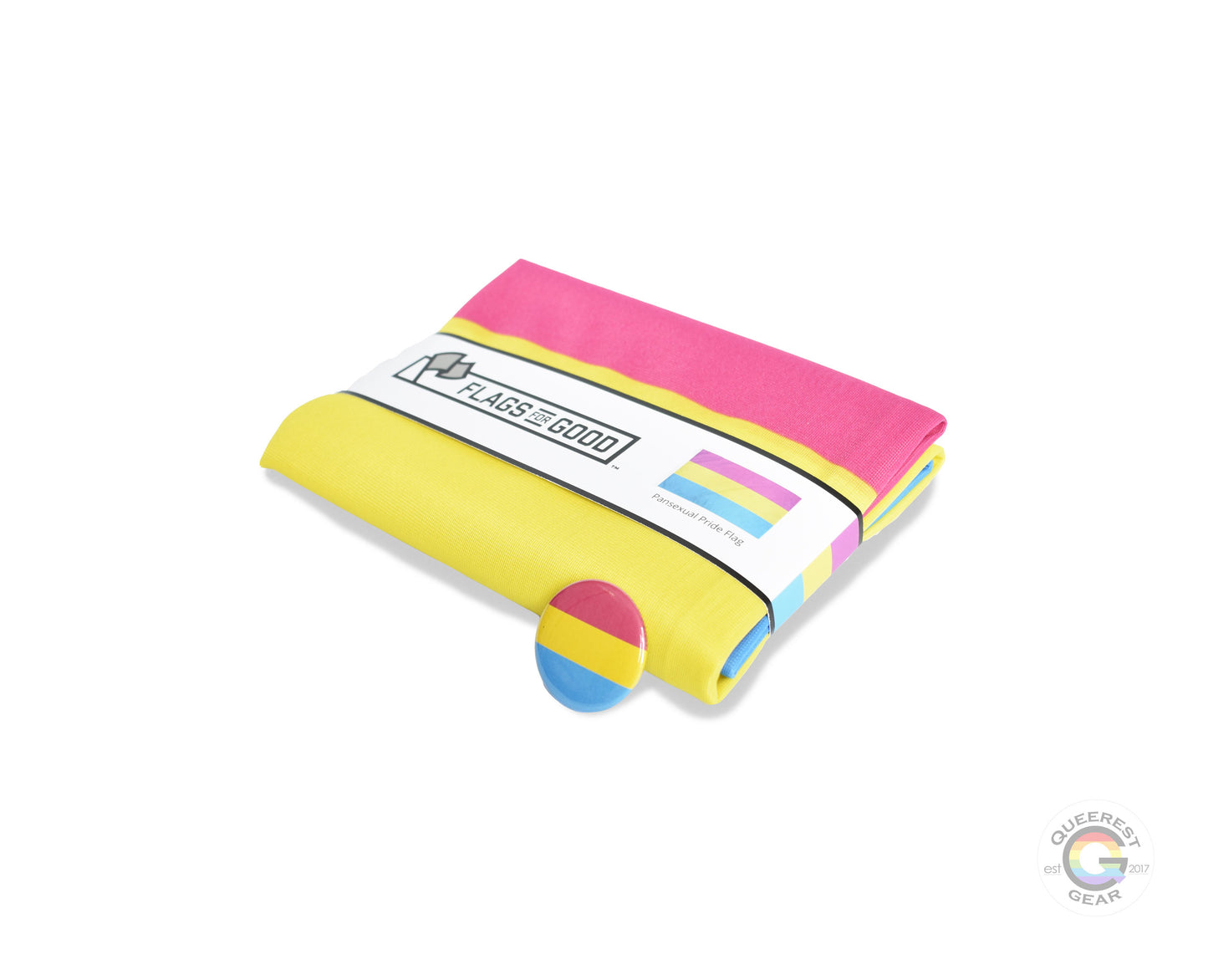  The pansexual pride flag folded in its packaging with the matching free pansexual flag button