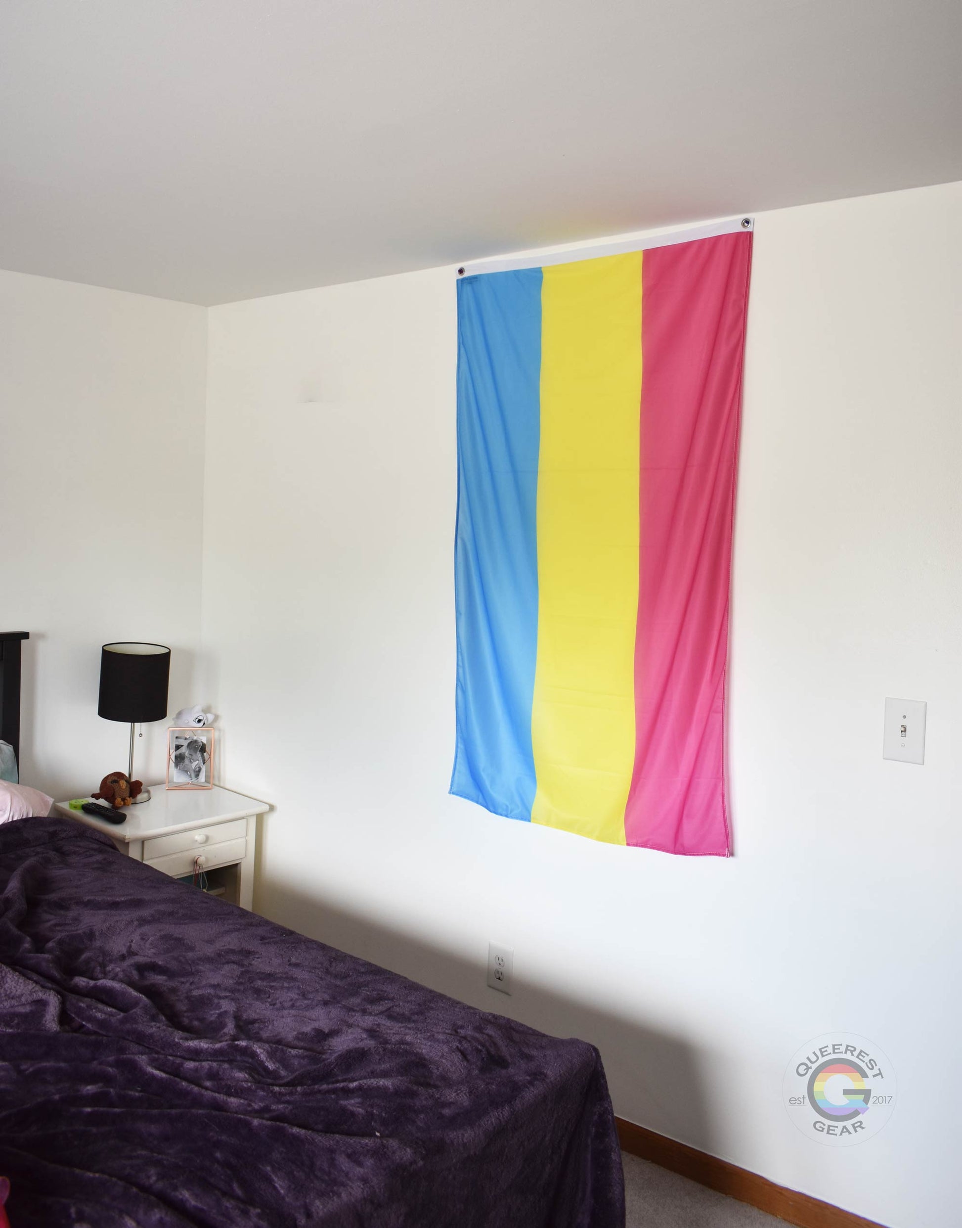 3’x5’ pansexual flag hanging vertically on the wall of a bedroom with a nightstand and a bed