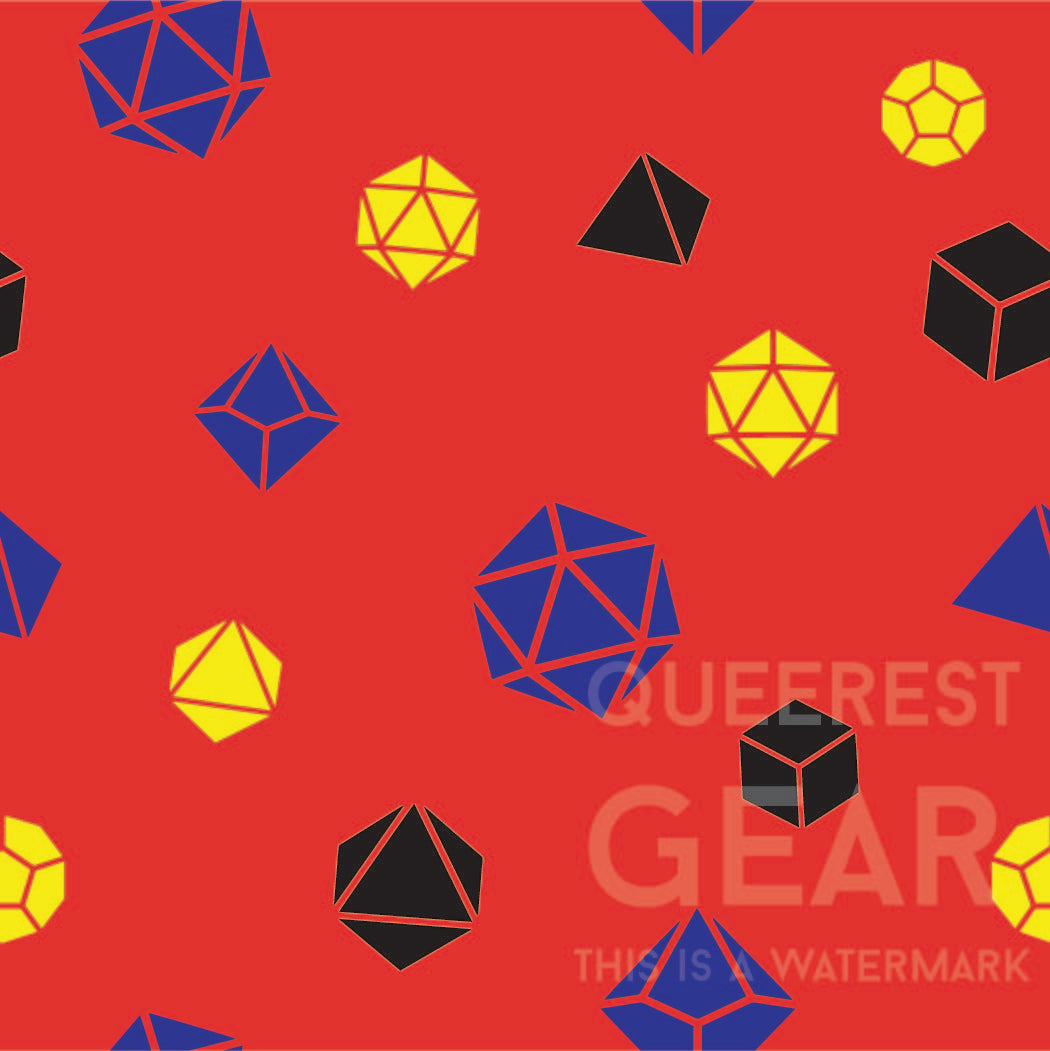 close-up of the polyamorous dice pattern. red background with pattern of yellow, black, and blue polyhedral dnd dice