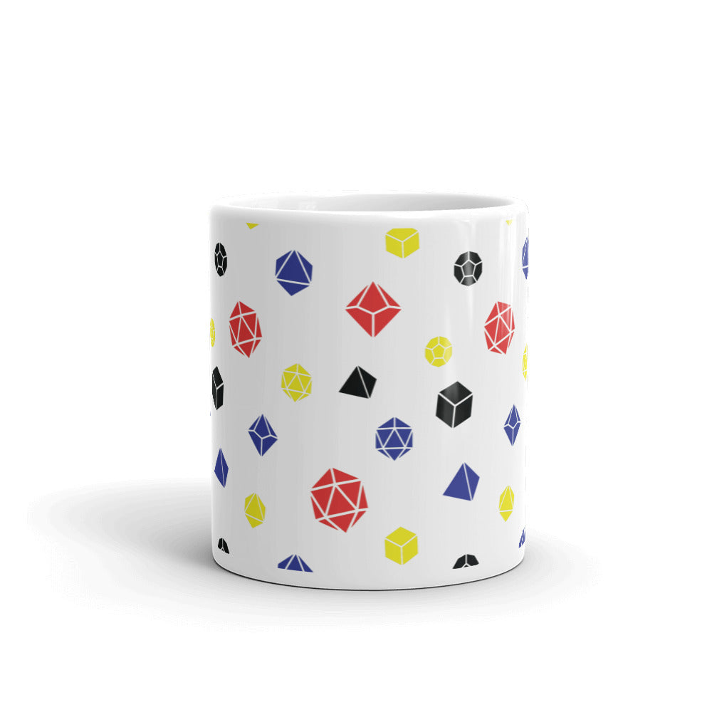 white mug on a white background with handle facing back. It has an all-over print of polyhedral d&d dice in the polyamory colors of red, blue, yellow, and black