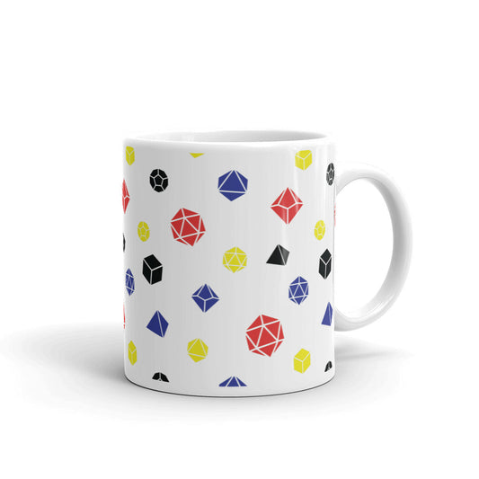white mug on a white background with handle facing right. It has an all-over print of polyhedral d&d dice in the polyamory colors of red, yellow, blue, and black