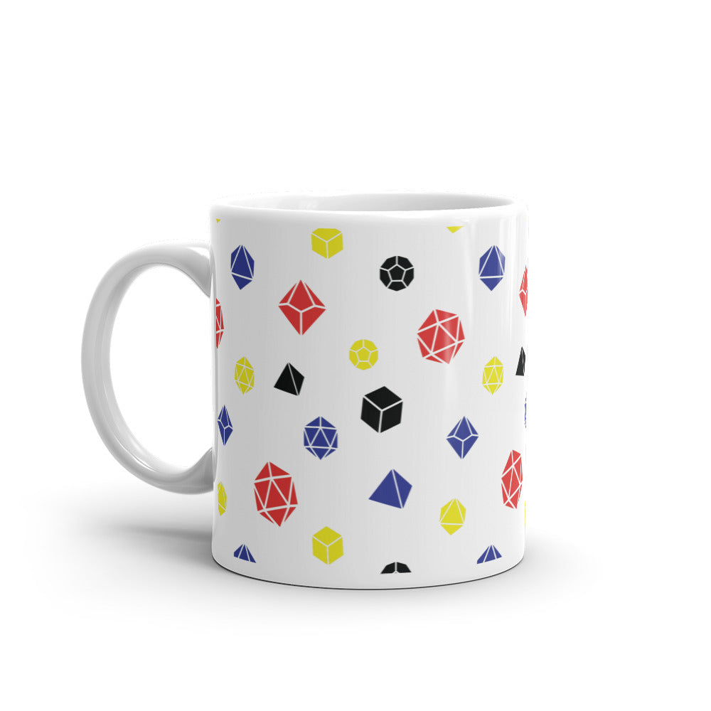 white mug on a white background with handle facing left. It has an all-over print of polyhedral d&d dice in the polyamory colors of yellow, blue, red, and black