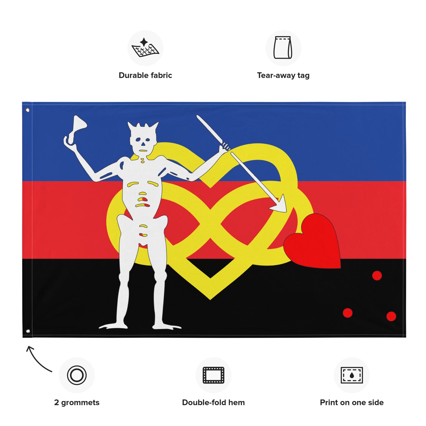 the polyamorous flag with blackbeard's symbol surrounded by the specifications of "durable fabric, tear-away tag, 2 grommets, double-fold hem, print on one side"