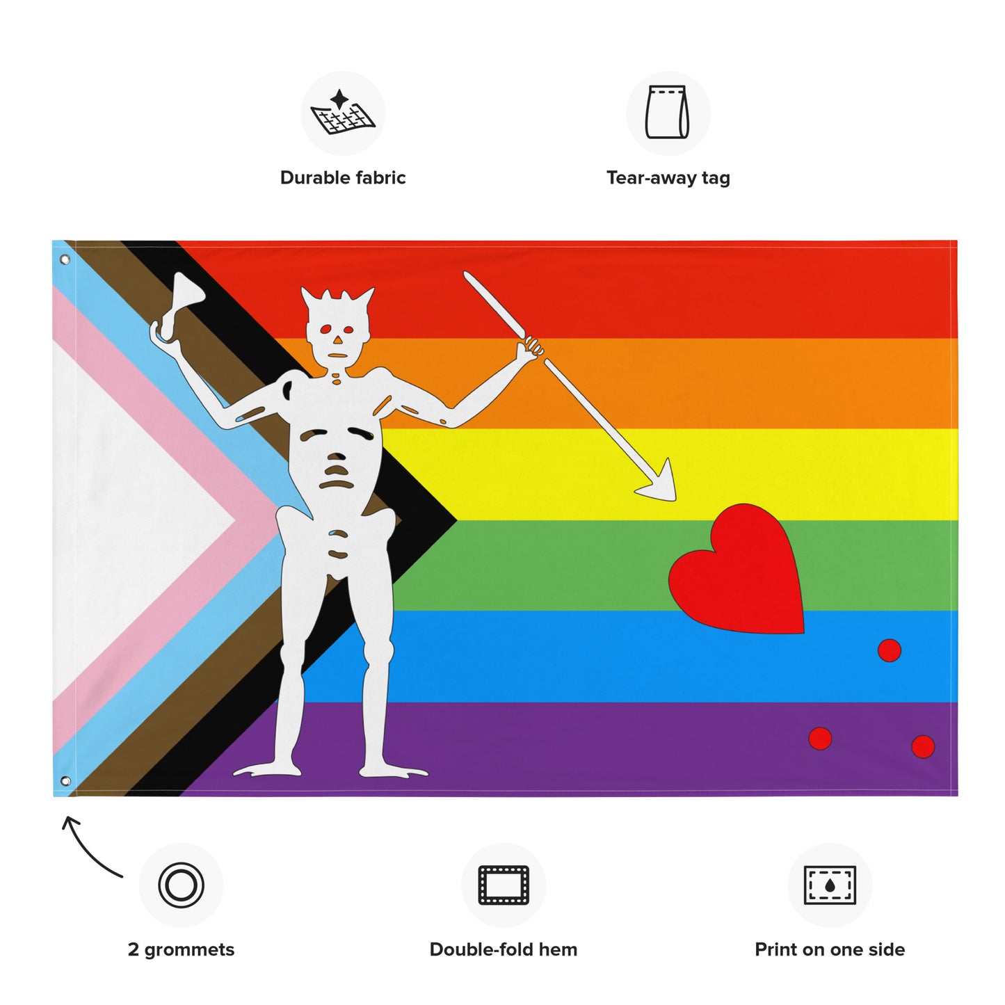 the progress pride flag with blackbeard's symbol surrounded by the specifications of "durable fabric, tear-away tag, 2 grommets, double-fold hem, print on one side"
