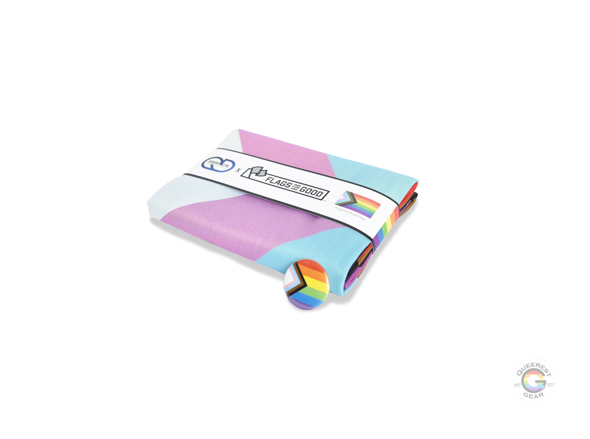  The progress pride flag folded in its packaging with the matching free progress flag button