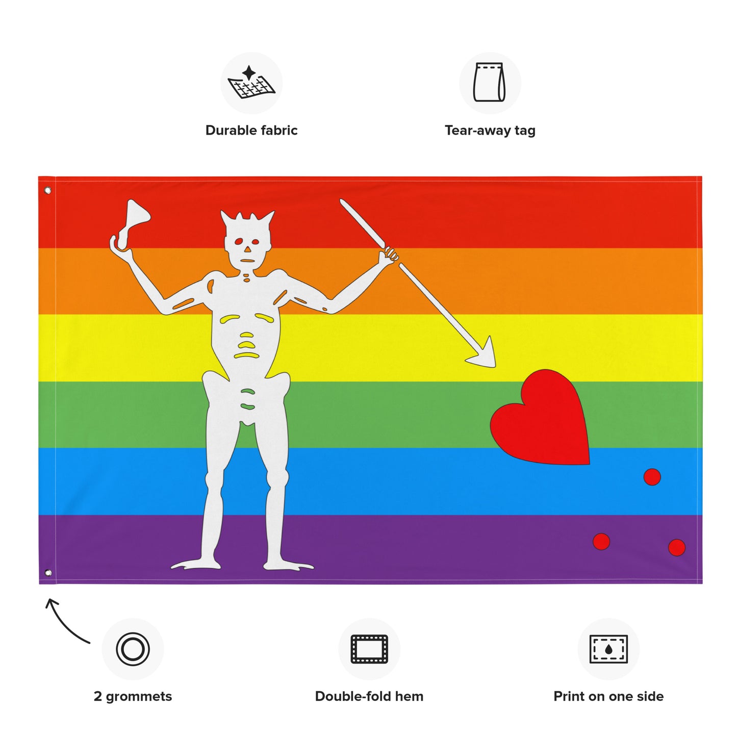 the rainbow flag with blackbeard's symbol surrounded by the specifications of "durable fabric, tear-away tag, 2 grommets, double-fold hem, print on one side"
