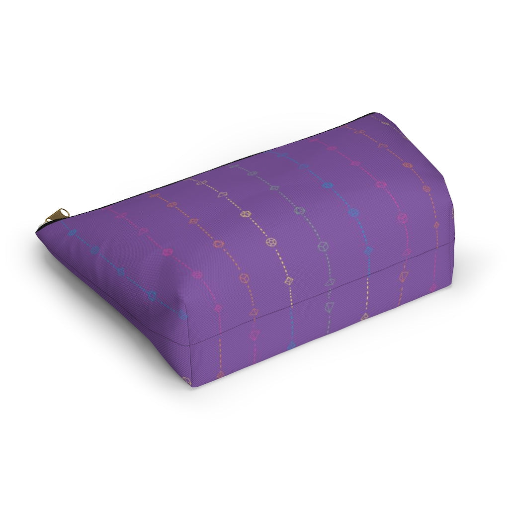 the large rainbow dice t-bottom pouch in bottom view on a white background. it's purple with pink, orange, yellow, green, and blue stripes of dashed lines and polyhedral dice and a gold zipper pull