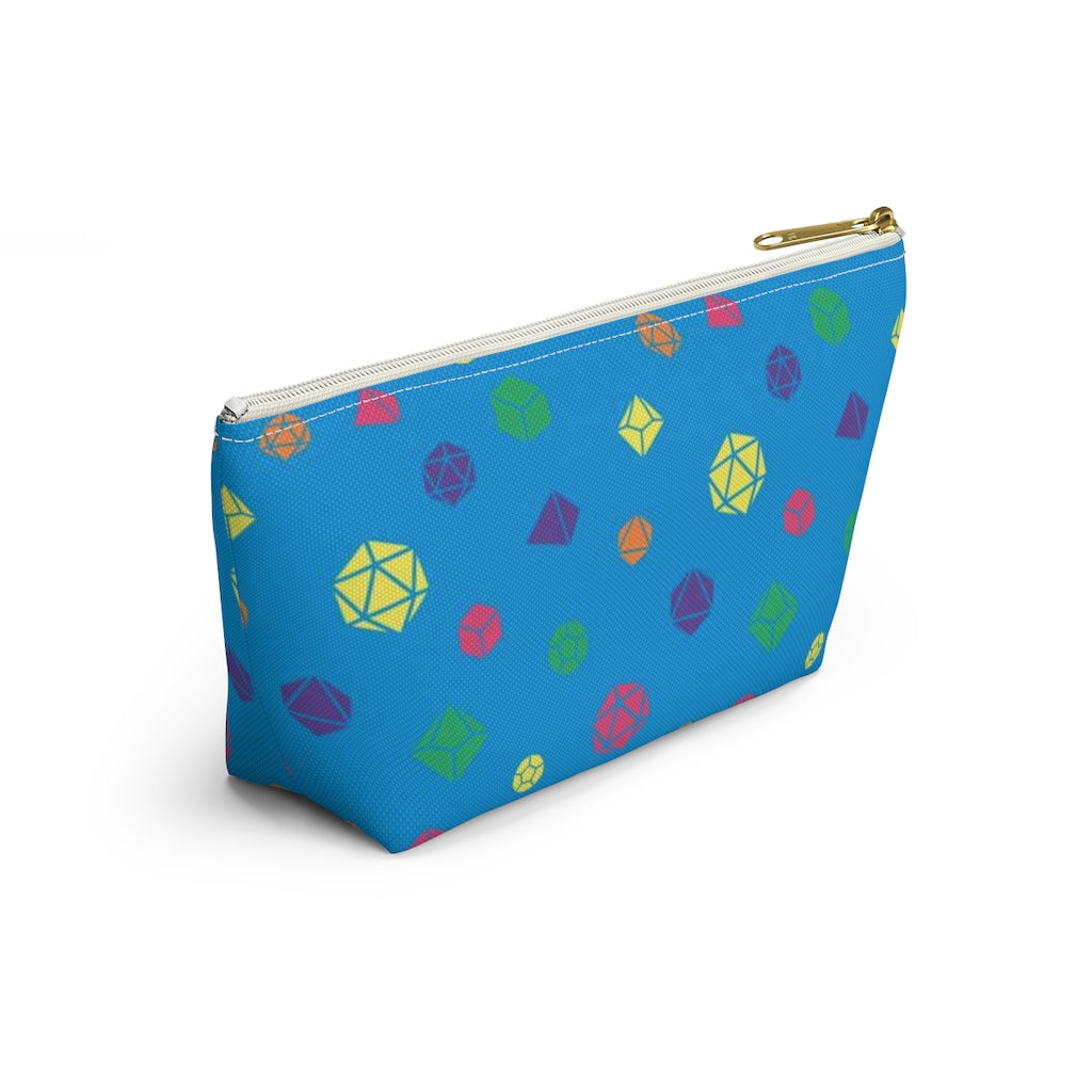 the small rainbow dice t-bottom pouch in side view on a white background. it's blue with pink, orange, yellow, green, and purple polyhedral dice and a gold zipper pull