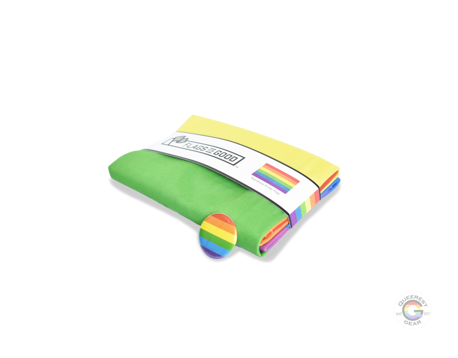  The rainbow pride flag folded in its packaging with the matching free rainbow flag button
