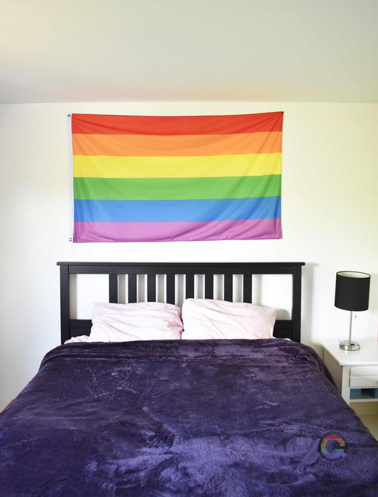 3’x5’ rainbow pride flag hanging horizontally on the wall of a bedroom centered above a bed with a purple blanket
