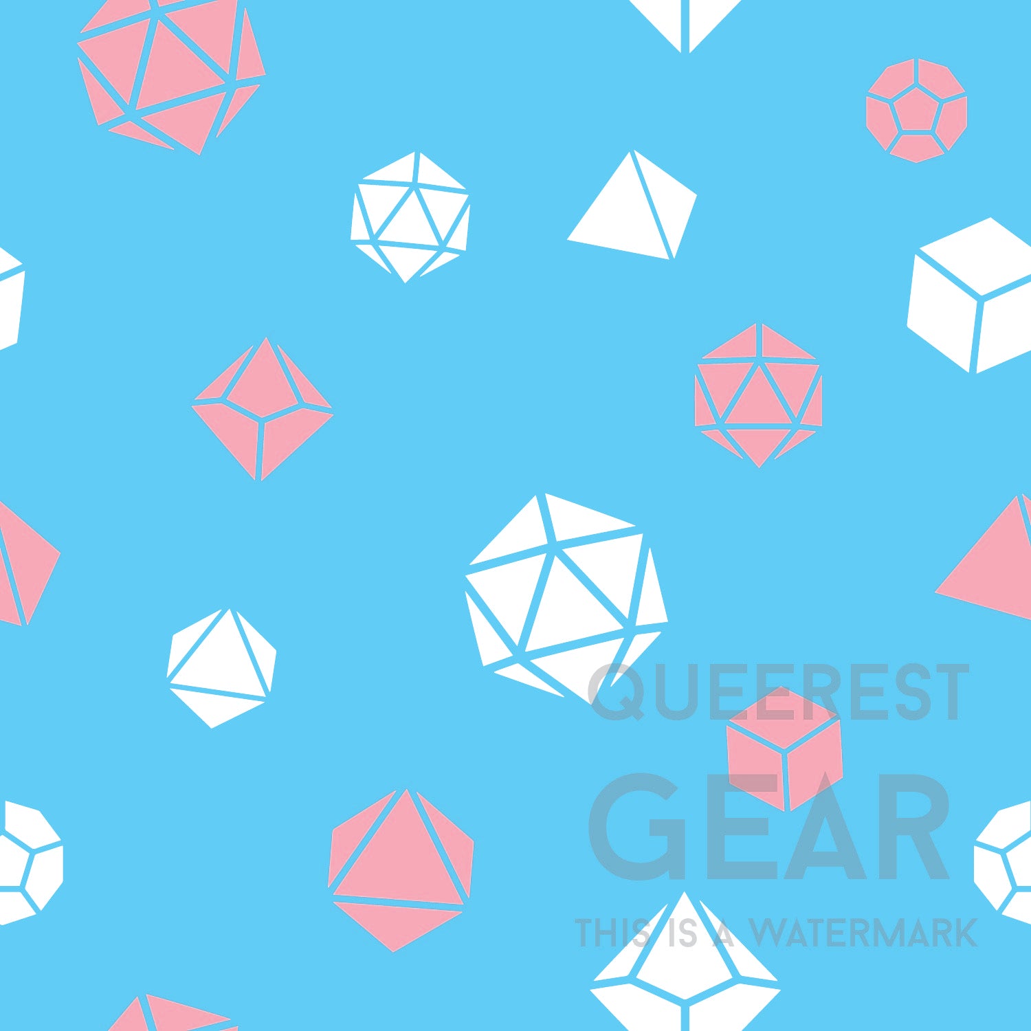 close up of the transgender dice pattern. blue background with pattern of white and pink polyhedral dnd dice