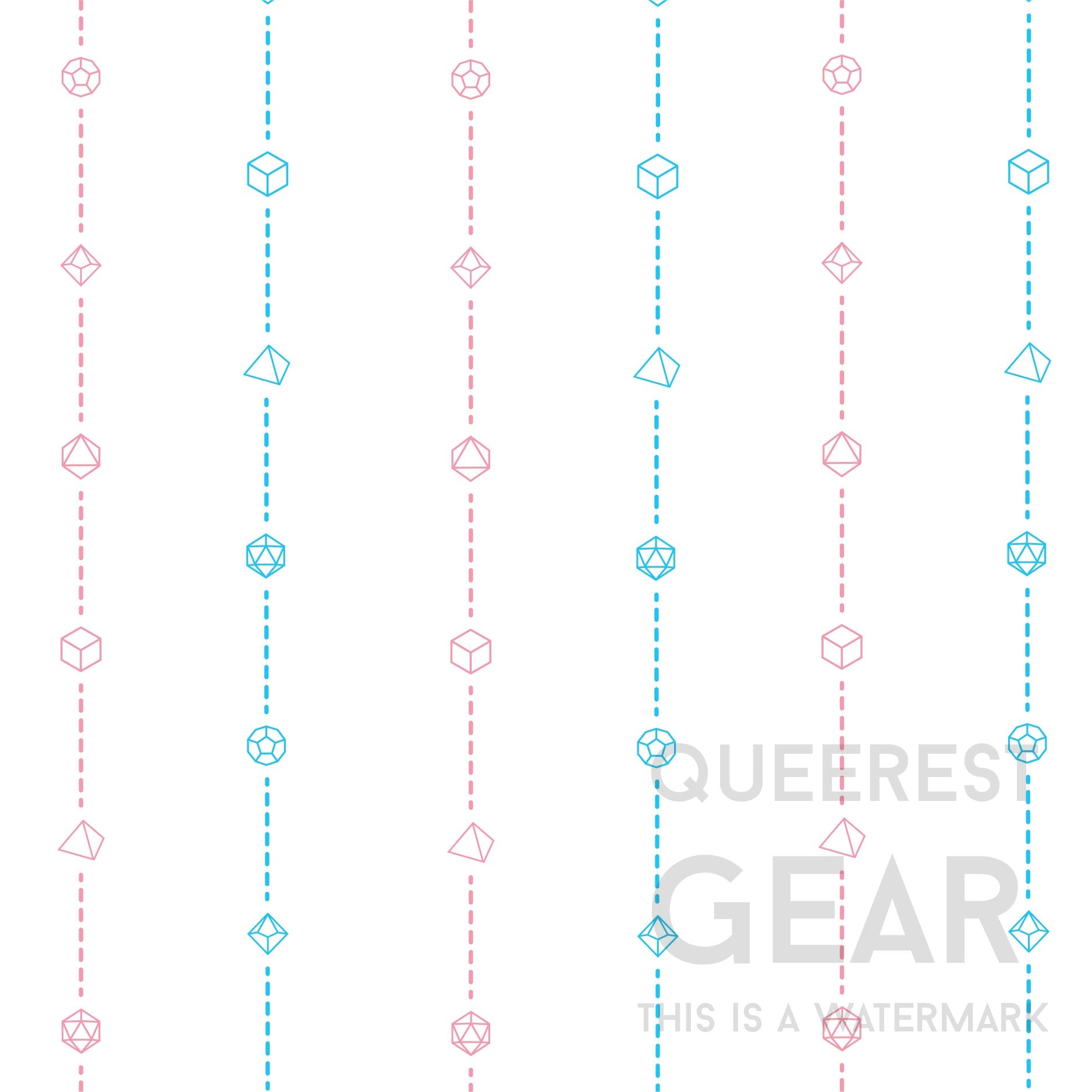 close-up of the transgender pride dice pattern. the background is white and has stripes of dashed lines and polyhedral dnd dice in pink and blue