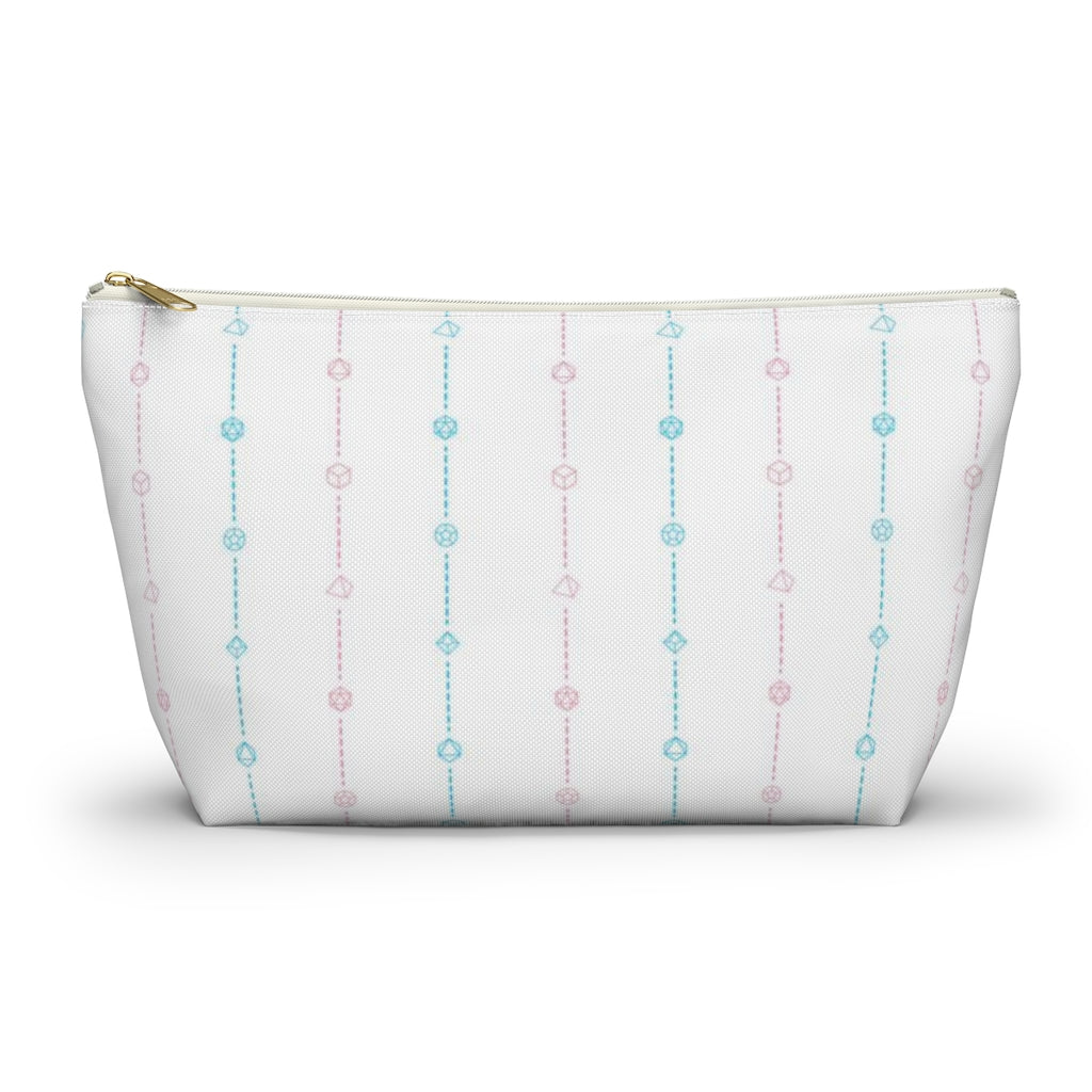 the large trans dice t-bottom pouch in front view on a white background. it's white with pink and blue stripes of dashed lines and polyhedral dice and a gold zipper pull