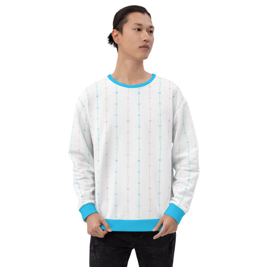 light-skinned dark haired model on a white background facing right wearing the transgender pride dice sweater